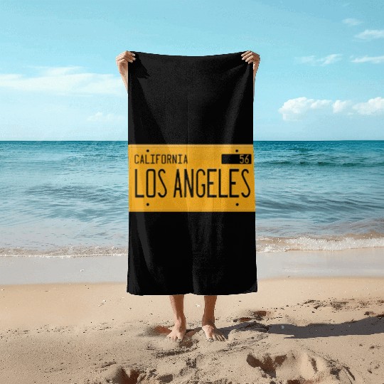 Los Angeles California 1956 yellow license plate Beach Towels