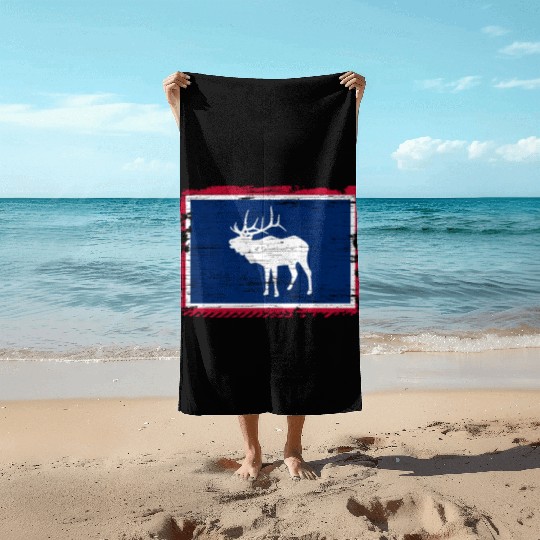 Wyoming Flag Elk Hunting Season For Deer Hunter Beach Towels