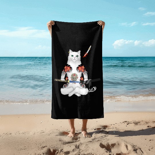Japanese Samurai Cat Katana Ninja Yakuza Tattoo Beach Towels