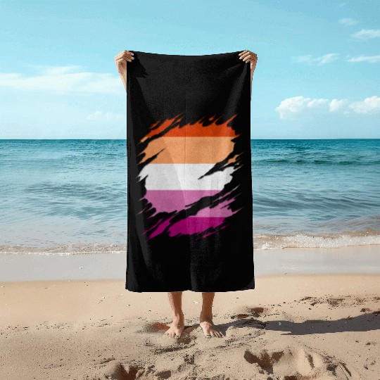 Lesbian Pride Flag Ripped Reveal Beach Towels