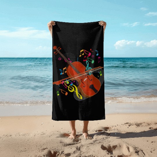 red-brown hand-drawn violin with notes Beach Towels