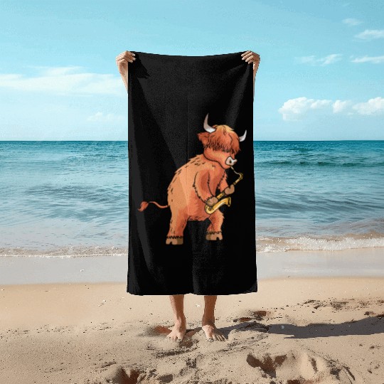 Highland Cow Cattle Playing Saxophone Music Gift Beach Towels