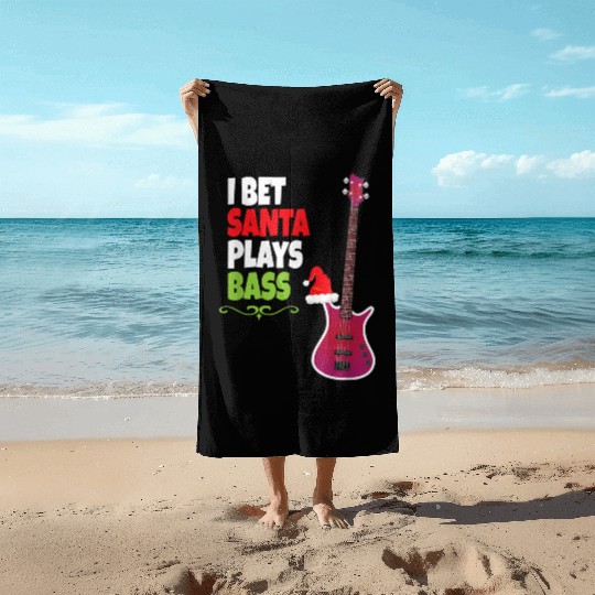 Gift for Bass Guitar Player Cool Santa Christmas Beach Towels