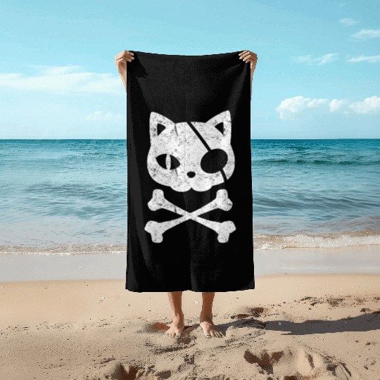 Pirate Cat Kitten Halloween Skull Cross Bones Beach Towels