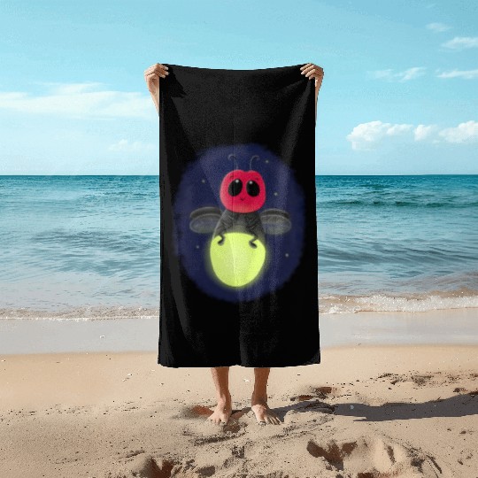 Cute lightning bug firefly cartoon illustration Beach Towels