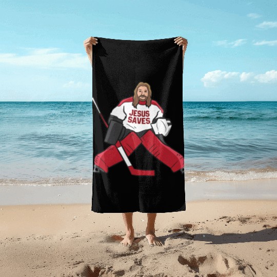 Funny Hockey Jesus Saves Hockey Goalie Beach Towels