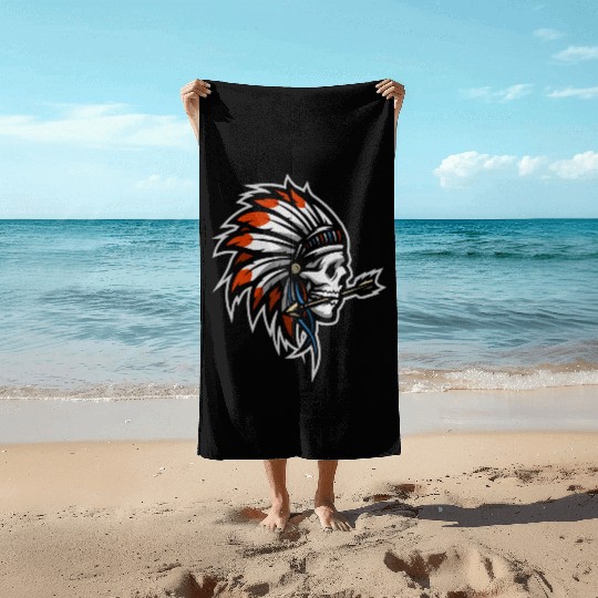 Native American Indian Headdress Skull Beach Towels