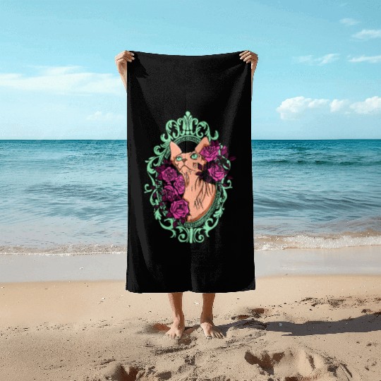 Peach Sphynx Cat With Roses Beach Towels
