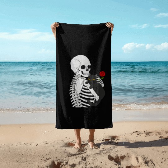 Black Demonic Cat Skeleton Hail Satan Death Metal Beach Towels