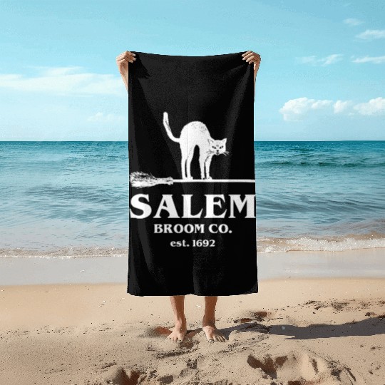 Salem Broom Co Company Halloween Black Cat Witch A Beach Towels