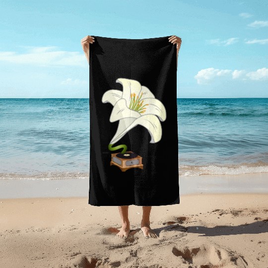 nostalgic lilies flowers blossoms gramophone Beach Towels