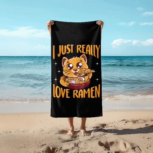 Cute & Funny I Just Really Love Ramen Anime Cat Beach Towels