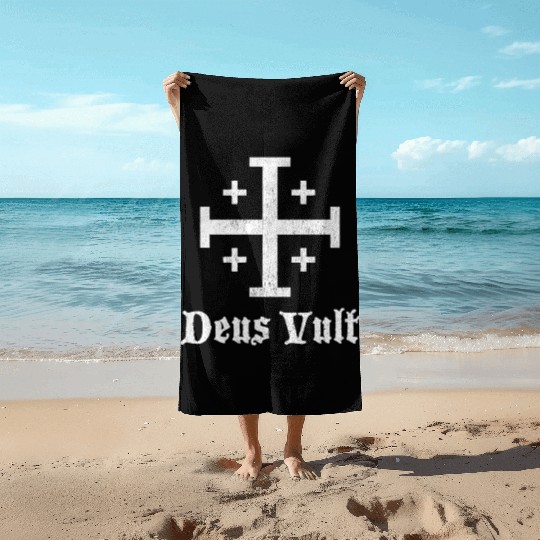 Deus Vult Crusader Shield Cross Beach Towels