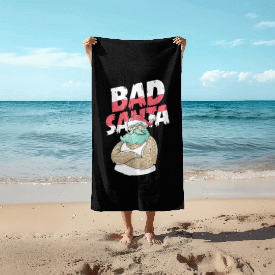 Bad Santa Claus Christmas Tattoo Beach Towels