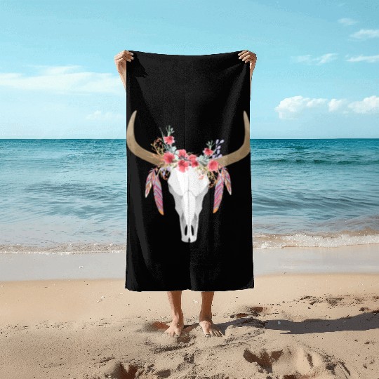 Floral Cow Skull With Feathers Bull Skull Beach Towels