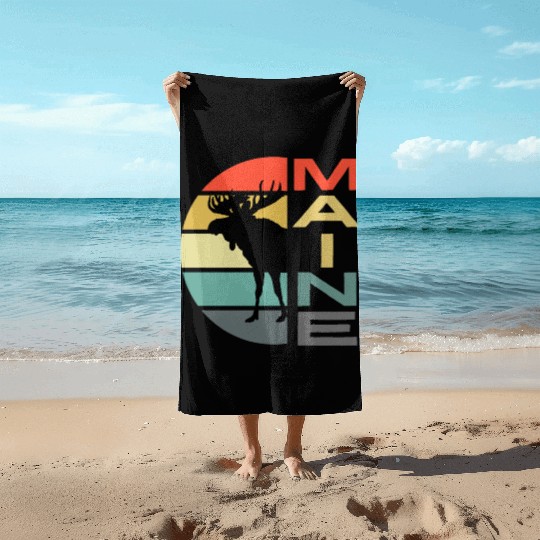 Maine Moose Retro Sunset Acadia Nature Vintage Beach Towels