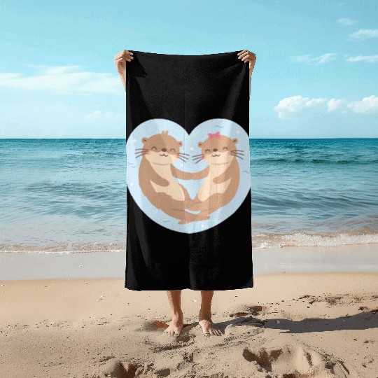 Otter Couple In Love Blue Heart Beach Towels