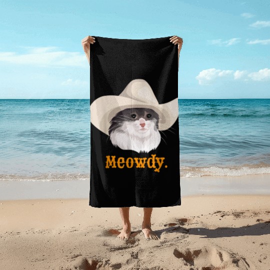 Meowdy Sad Cat Wearing a Cowboy Hat Meme Beach Towels