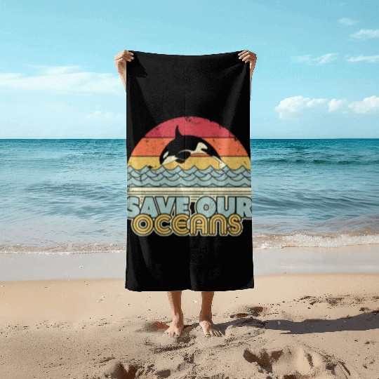 Save Our Oceans Orca Whale Retro Climate Change Beach Towels