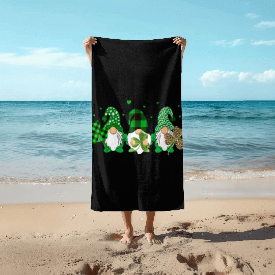 Three Gnomes Holding Shamrock Leopard Plaid Beach Towels