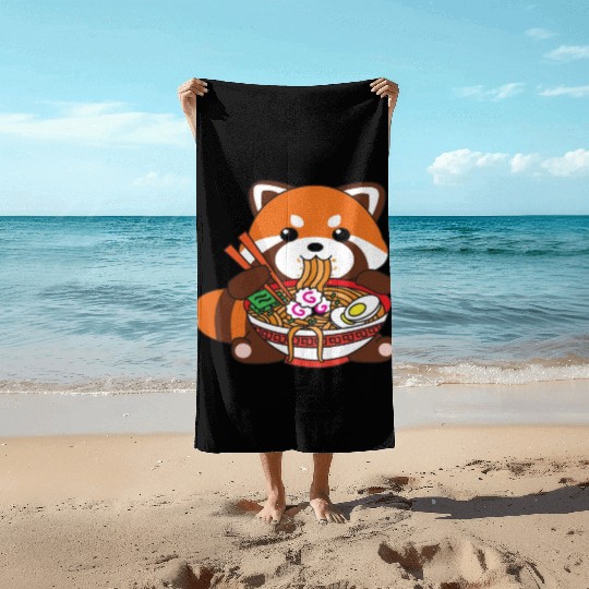 Cute Kawaii Red Panda Eating Ramen Noodles Beach Towels