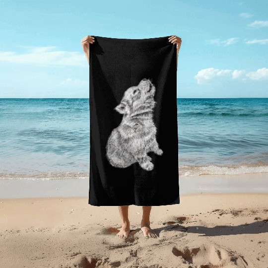 Cute Baby Howling Wolf Cub Sketch Beach Towels