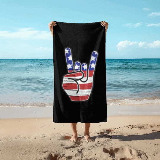 Rock n Roll USA Flag Horns Sign Retro Concert Band Beach Towels
