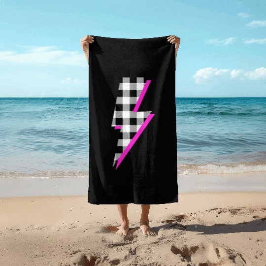 Buffalo Plaid Lightning Bolt Pink Shadow Graphic P Beach Towels