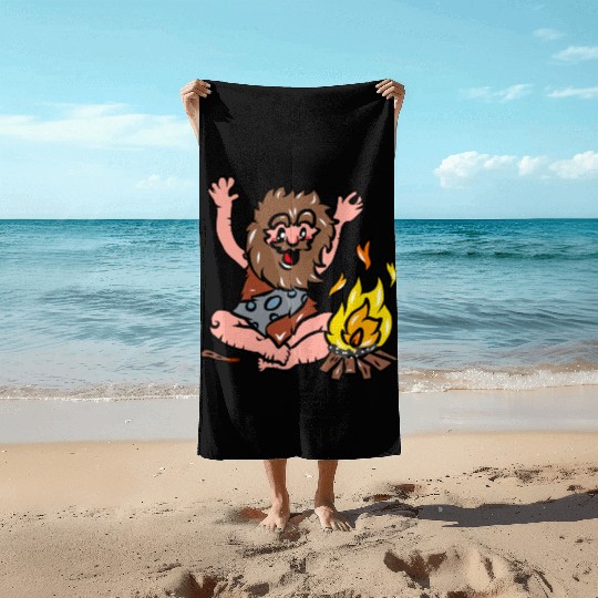 Caveman with Fire Beach Towels