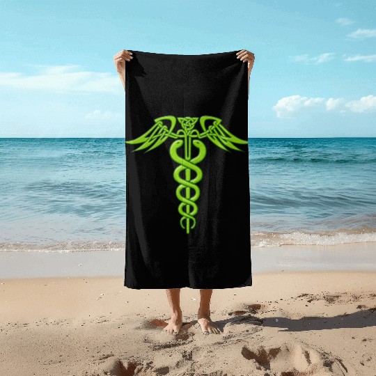 Green Celtic Knot Caduceus Beach Towels