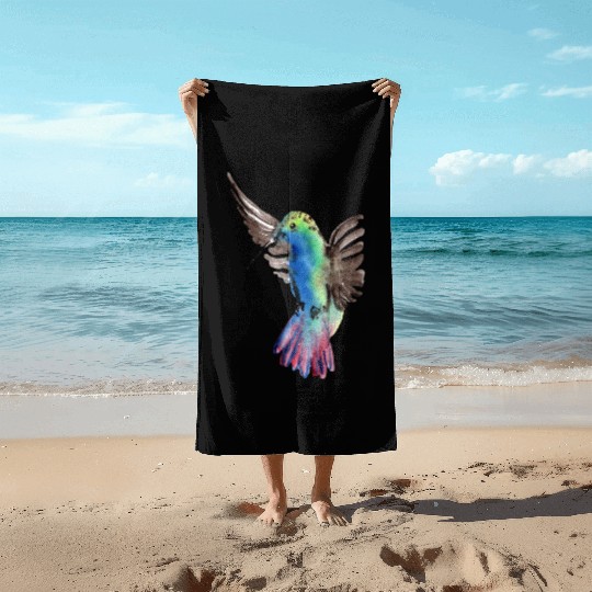 Colorful Watercolor Hummingbird flying pink Beach Towels