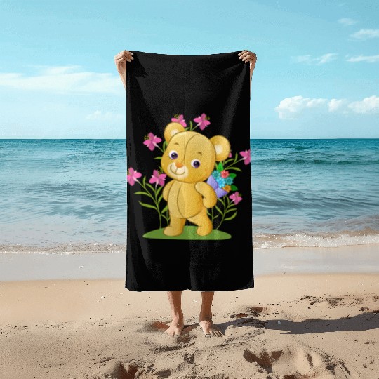 The sweet teddy bear holding a bucket Beach Towels
