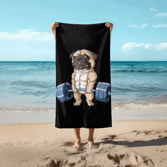 Pug Dog Working Out Funny Pug Fitness gym Beach Towels