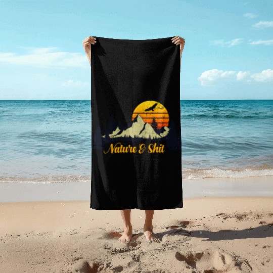 Nature And Shit Camping Mountain Retro Sunset Beach Towels