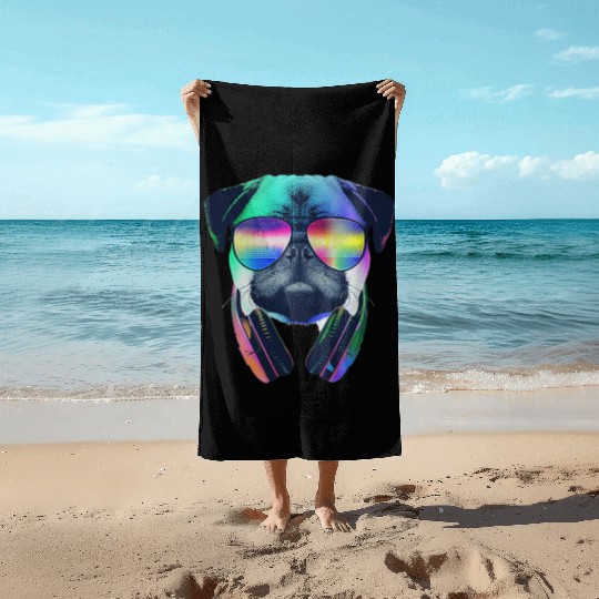 Pug DJ - Pug Headphones Beach Towels