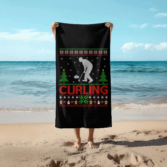 Curling Sports Lover Santa Ugly Curling Christmas Beach Towels