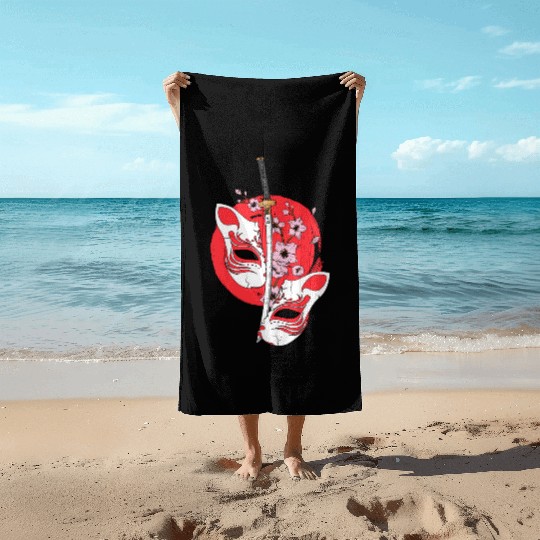 Kitsune mask Japanese sword Katana Japanese Beach Towels