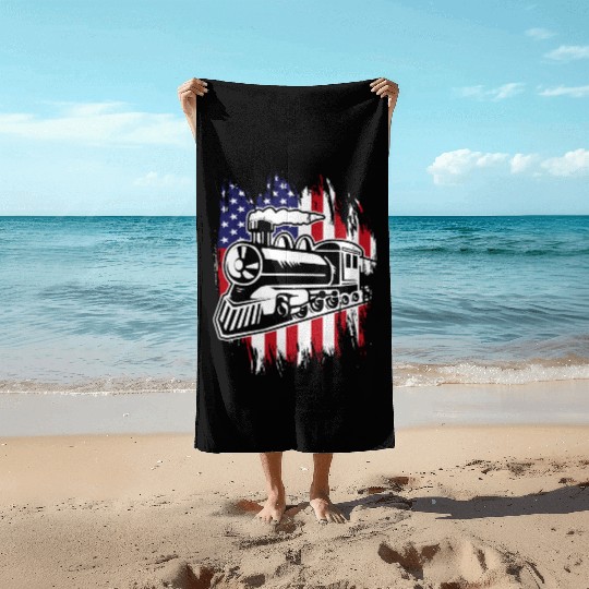 Locomotive Train US Flag 4th Of July Beach Towels