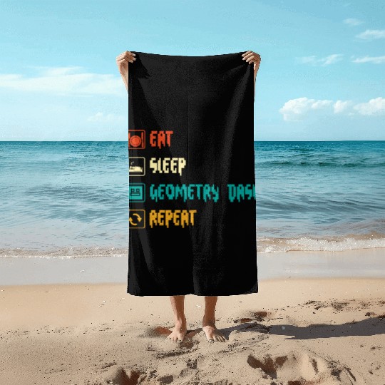 Eat sleep geometry dash repeat retro Jumper Repeat Beach Towels