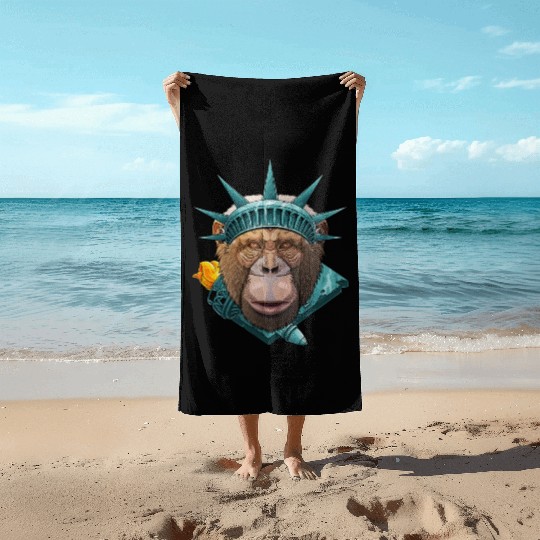 Statue Of Liberty Chimpanzee 4th Of July Animal US Beach Towels