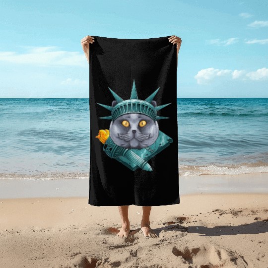 Statue Of Liberty British Shorthair 4th Of July US Beach Towels