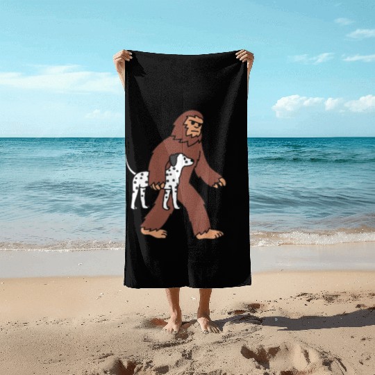 Bigfoot Sasquatch Walking Dalmatian Beach Towels