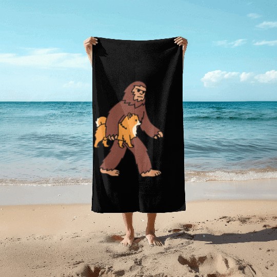 Bigfoot Sasquatch Walking Pomeranian Beach Towels