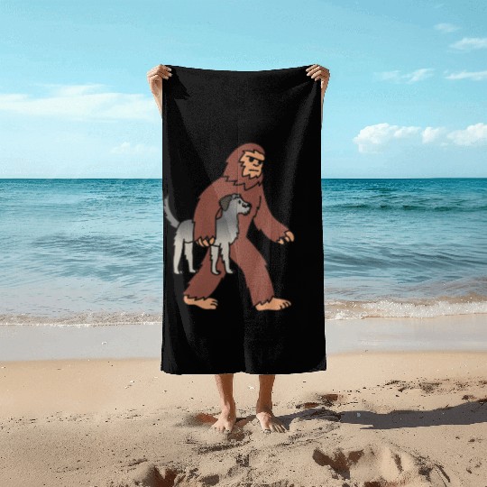 Bigfoot Sasquatch Walking Irish Wolfhound Beach Towels