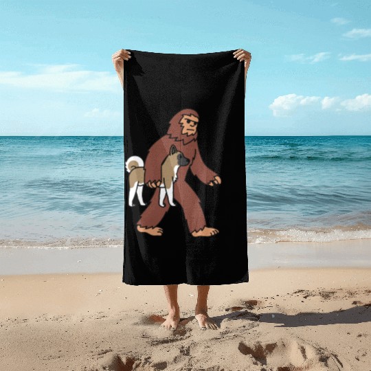 Bigfoot Sasquatch Walking Akita Beach Towels