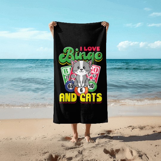 I love bingo and cats - cat saying quote Beach Towels