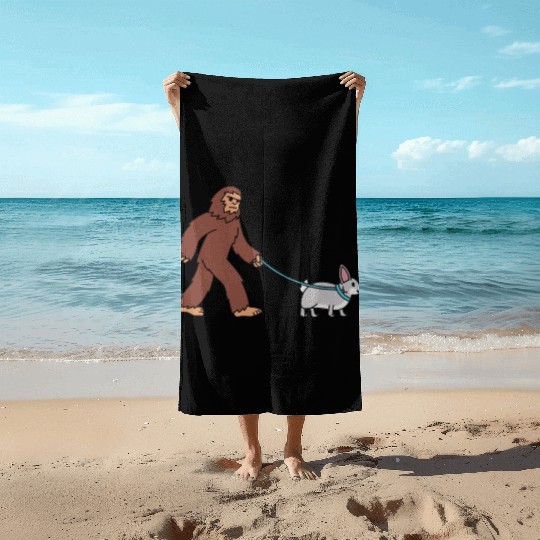 Bigfoot Sasquatch Walking Rabbit Beach Towels