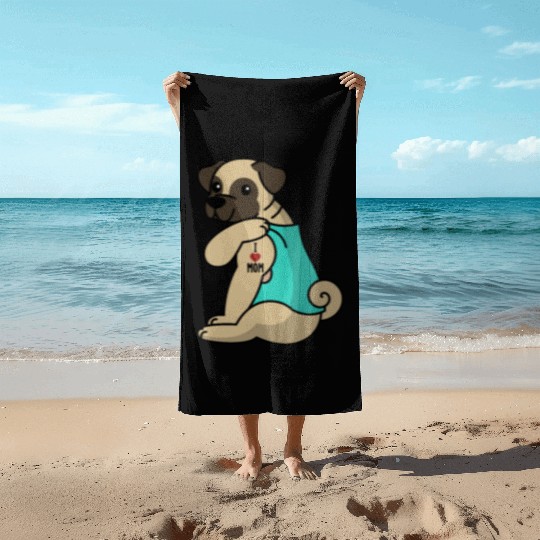 I Love Mom Tattoo Pug Beach Towels