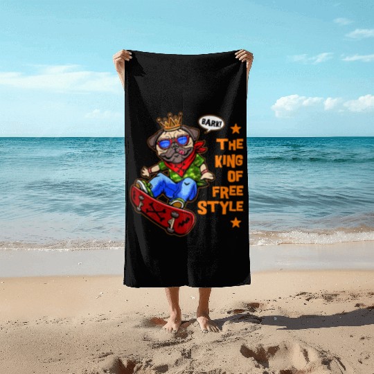 the king of free style-funny pug dog illustration Beach Towels