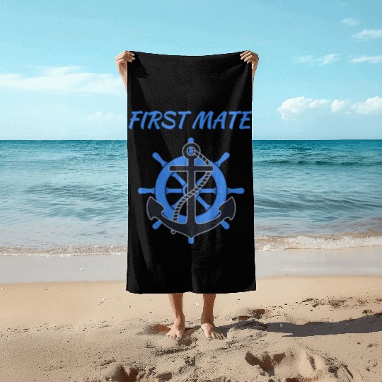Sailing First Mate blue ships wheel boat anchor Beach Towels